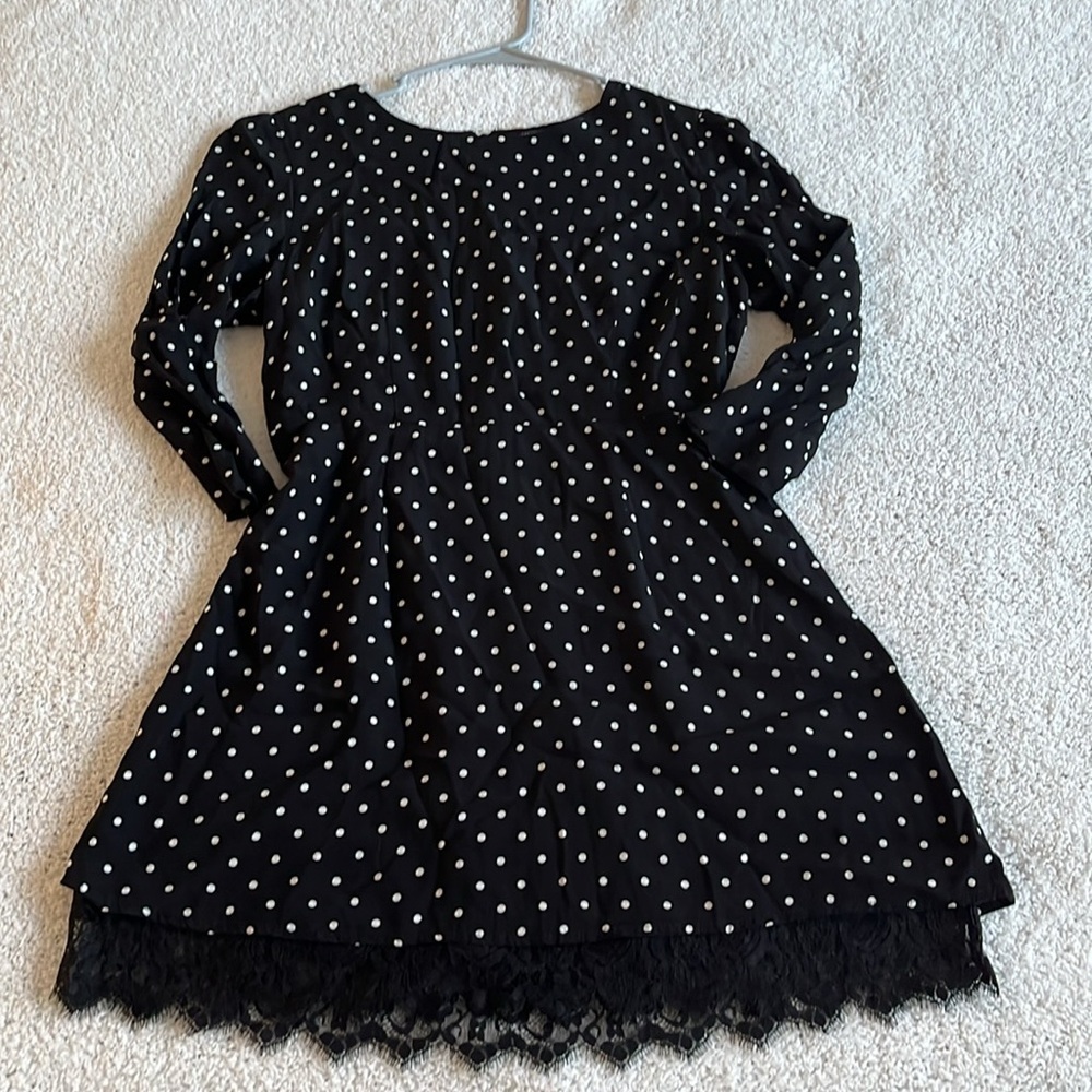 Forever 21 polka dot dress black white 3/4 sleeves lace hem detail M|L - Picture 6 of 11